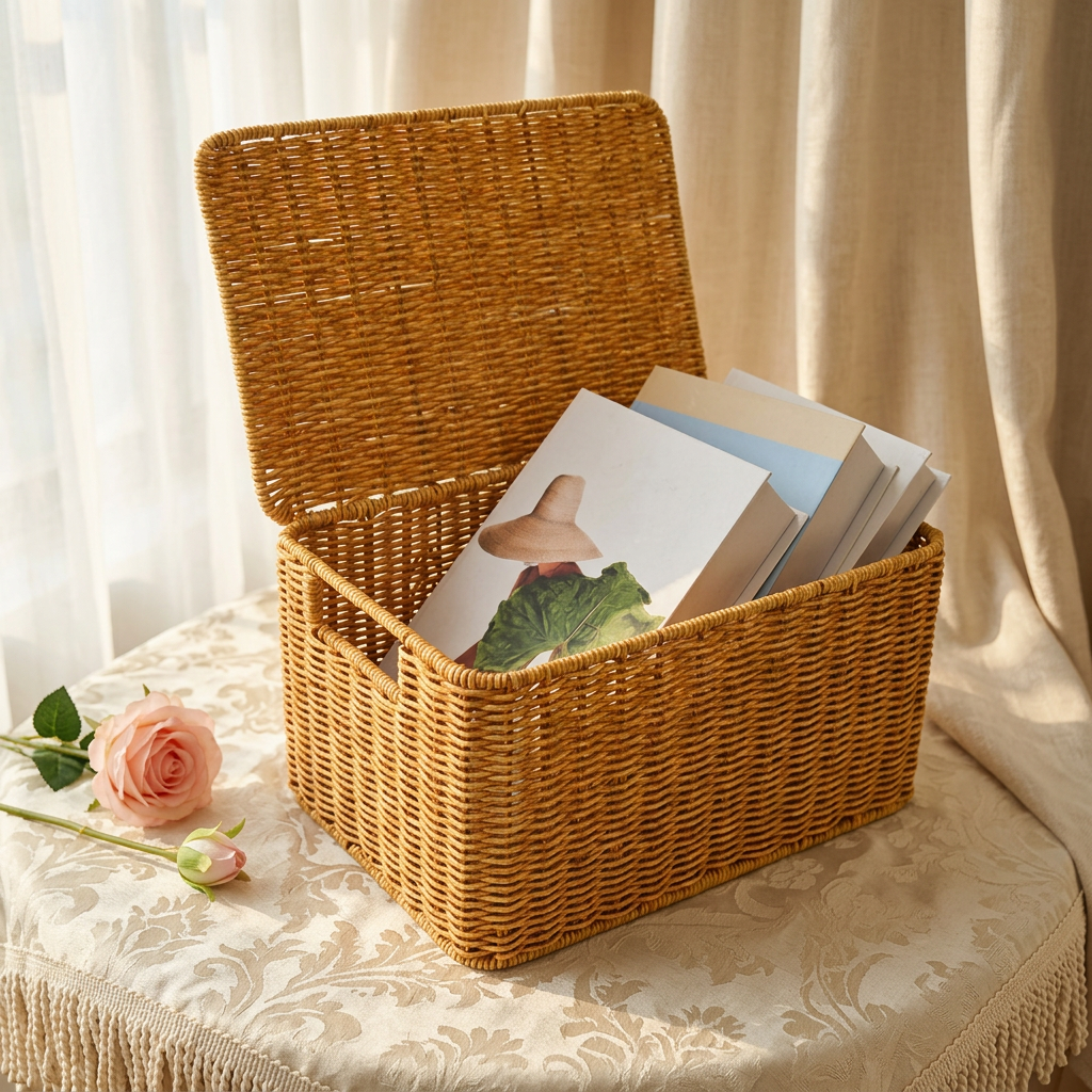 Panier de rangement avec couvercle en osier