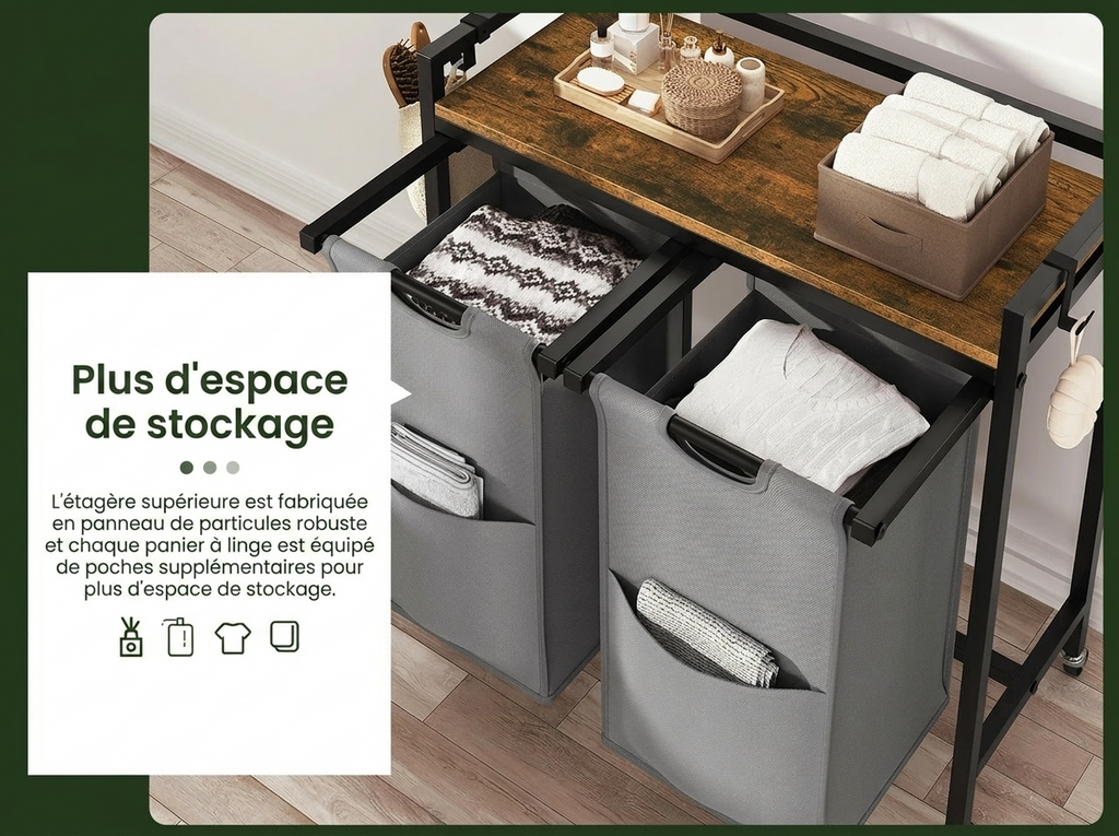 Panier à linge en métal sur roulettes