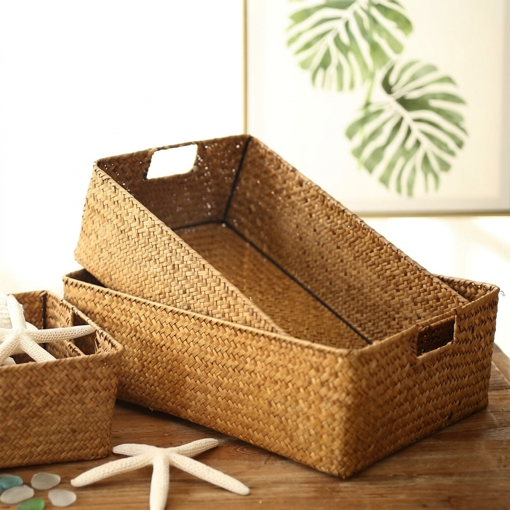 Panier de rangement en jonc de mer