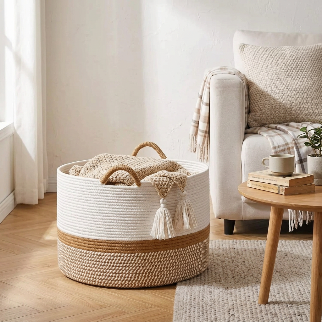 Panier à linge en osier blanc